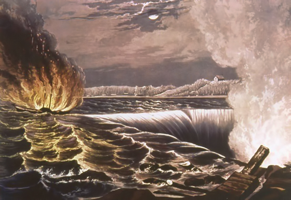 Painting: The destruction of the Caroline steamboat by fire